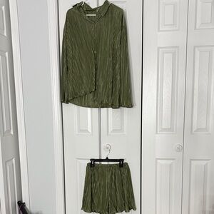 Green Pleated Shirt and Short Set